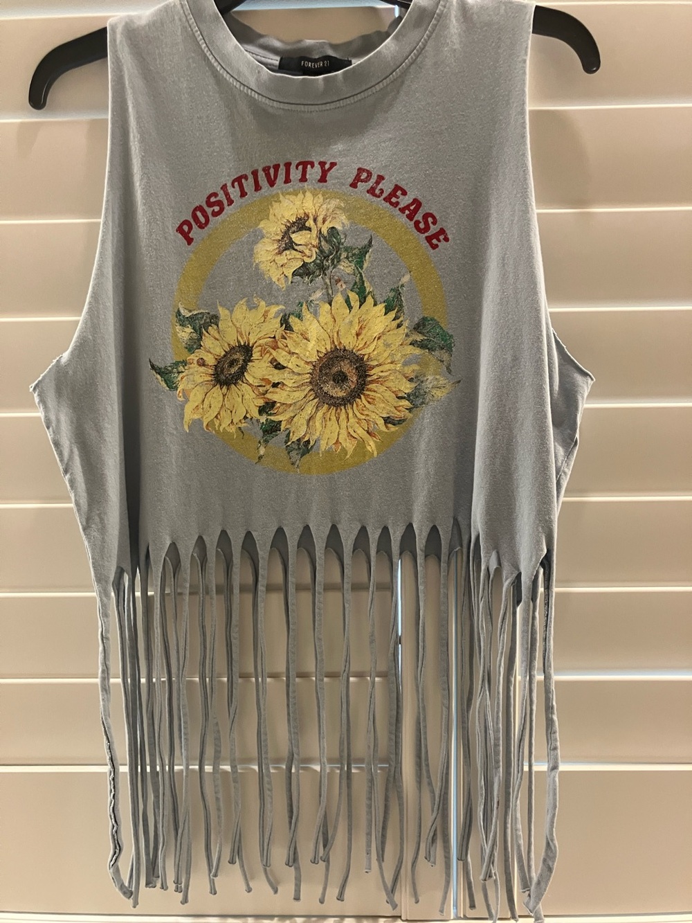 Forever 21 Gray Blue Sunflower Fringe Tank
